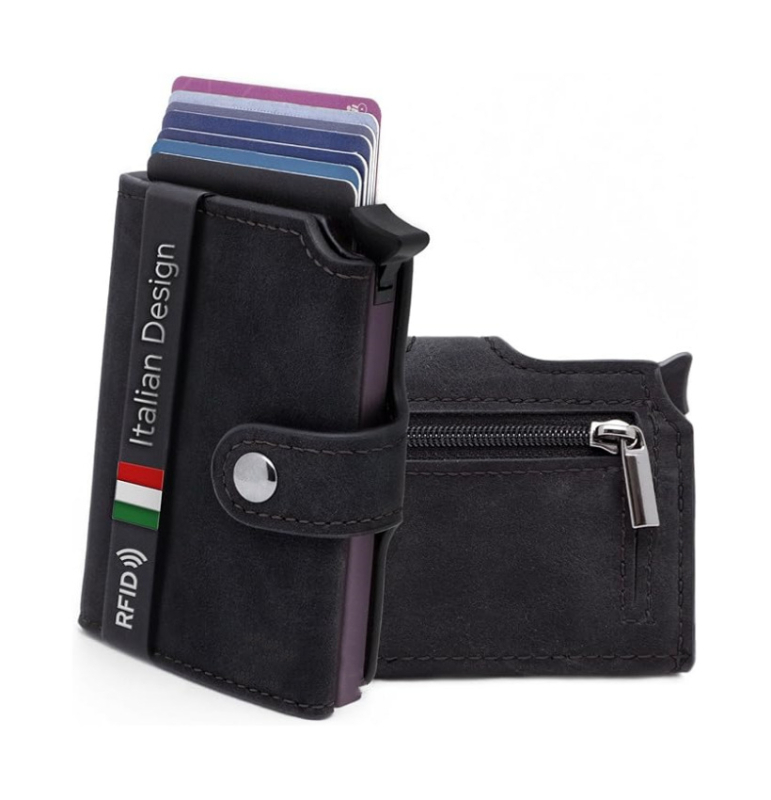Kožni držač kartica s RFID zaštitom, kompakktan, velik kapacitet, izvučni pretinac za kartice