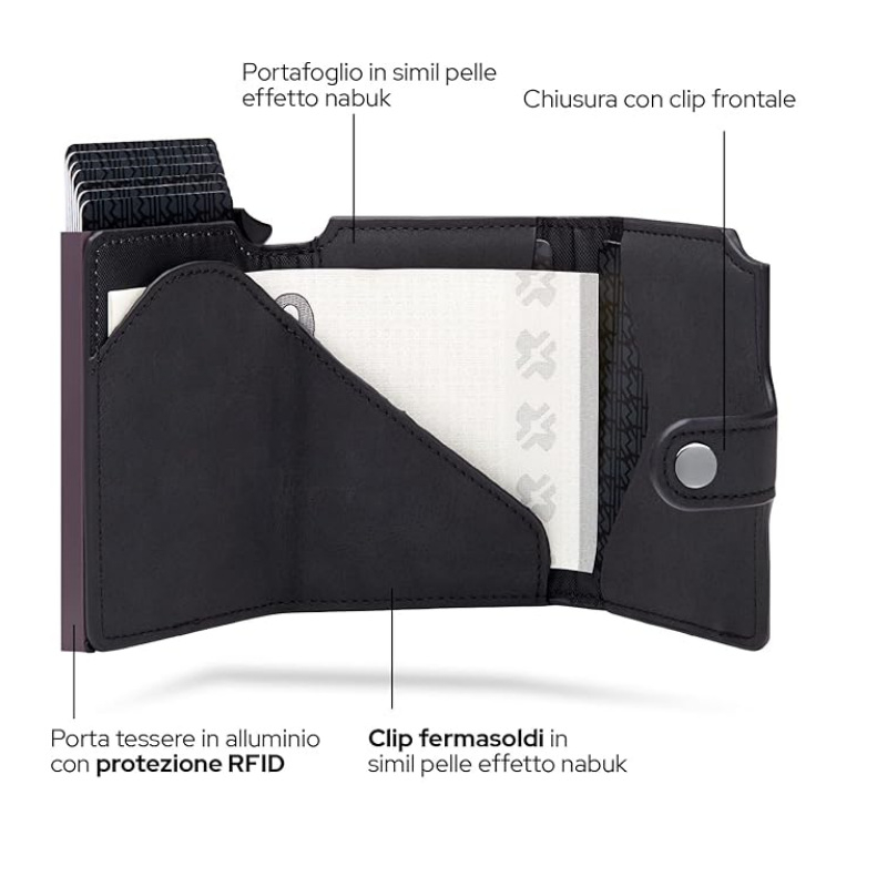 Kožni držač kartica s RFID zaštitom, kompakktan, velik kapacitet, izvučni pretinac za kartice