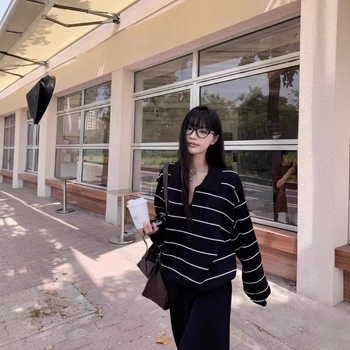 Γυναικείος πουλόβερ με αντίθεση ρίγες και γιακά polo, μακριά μανίκια, φθινοπωρινό ρετρό πλεκτό, χαλαρός και ευέλικτος