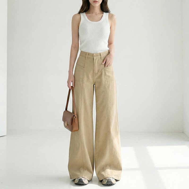Yun Chang 100% pamut denim széleslábú nadrág nőknek, khaki szín, magas derekú, hétköznapi, hosszú nadrág