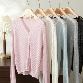 Čierny tenký pletený kardigán s Ice Silk látkou, ochrana proti slnku, cropped strih, dlhé rukávy, na nosenie cez šaty s ramienkami