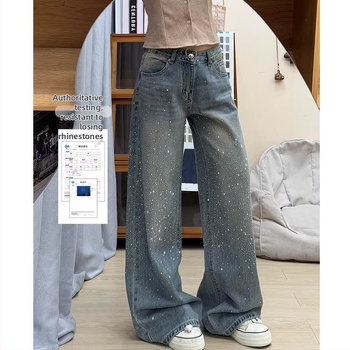 Dámske džínsy z denimu so širokými nohami, vysokým pásom, vintage štýlom, s kryštálmi
