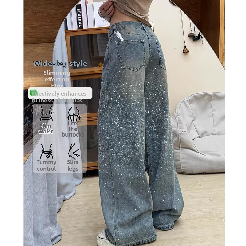 Dámske džínsy z denimu so širokými nohami, vysokým pásom, vintage štýlom, s kryštálmi
