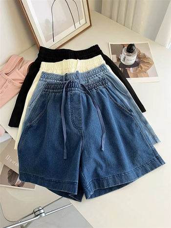 Női mosott pamut denim rövidnadrág, nyár, derékon kötő, magas derék, A-vonal, laza szabás, széles szár, casual