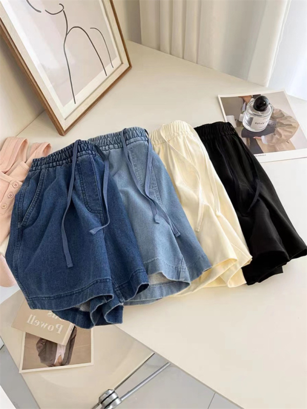 Női mosott pamut denim rövidnadrág, nyár, derékon kötő, magas derék, A-vonal, laza szabás, széles szár, casual