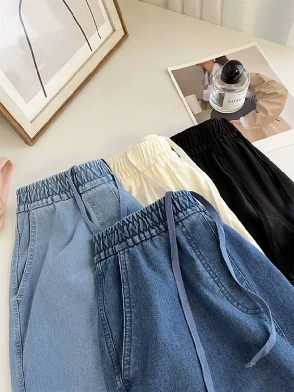 Női mosott pamut denim rövidnadrág, nyár, derékon kötő, magas derék, A-vonal, laza szabás, széles szár, casual