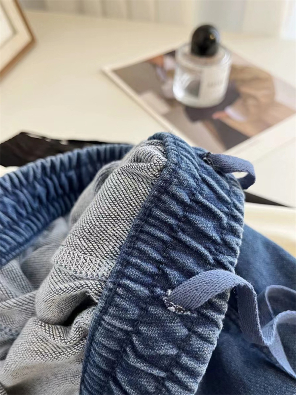 Női mosott pamut denim rövidnadrág, nyár, derékon kötő, magas derék, A-vonal, laza szabás, széles szár, casual