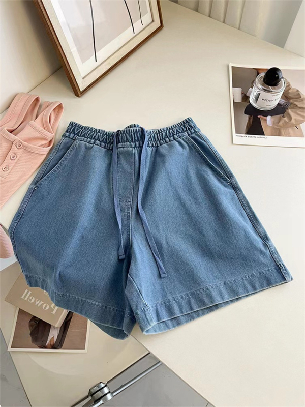 Női mosott pamut denim rövidnadrág, nyár, derékon kötő, magas derék, A-vonal, laza szabás, széles szár, casual