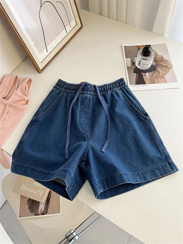 Női mosott pamut denim rövidnadrág, nyár, derékon kötő, magas derék, A-vonal, laza szabás, széles szár, casual