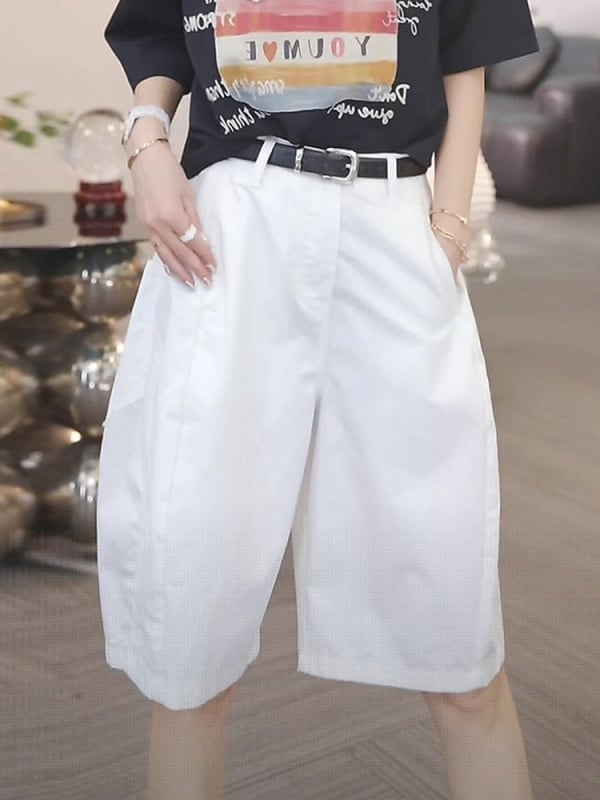Vysoký pás, kórejský štýl, široké capri nohavice, casual strih, zoštíhľujúca siluetu