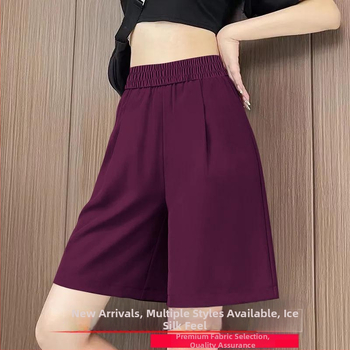 Plus size Dámske capri šortky s vysokým pásom z ice silk, letné, ľahké, voľné, elastický pás