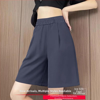 Plus size Dámske capri šortky s vysokým pásom z ice silk, letné, ľahké, voľné, elastický pás