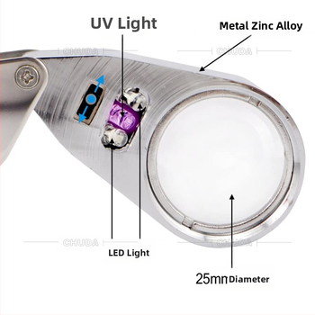 Chuda lupa na identifikáciu šperkov s UV svetlom, 40× zväčšenie, 25 mm objektív, plne kovové LED skladacie, prenosné