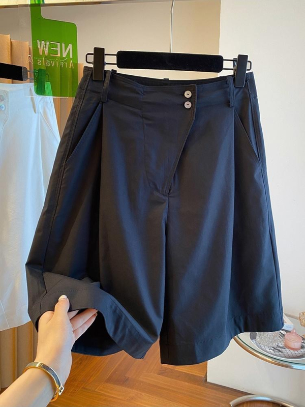 Γυναικεία μαύρα cargo σορτς, Plus Size, καλοκαιρινά ελαφριά, χαλαρή εφαρμογή, υψηλή μέση, ίσια γραμμή με φαρδιά πόδια, μεσαίου μήκους