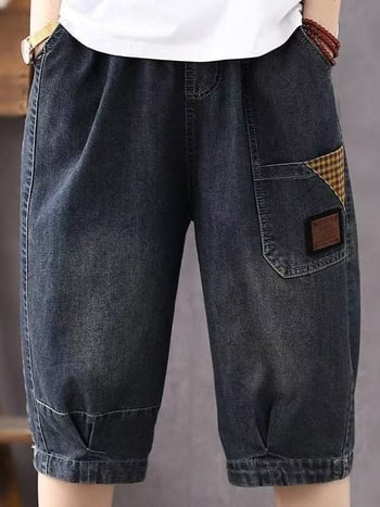 Dámske riflové šortky s elastickým pásom, letný ľahký strih, retro štýl, veľká veľkosť, univerzálne voľné, voľný strih, dĺžka 3/4