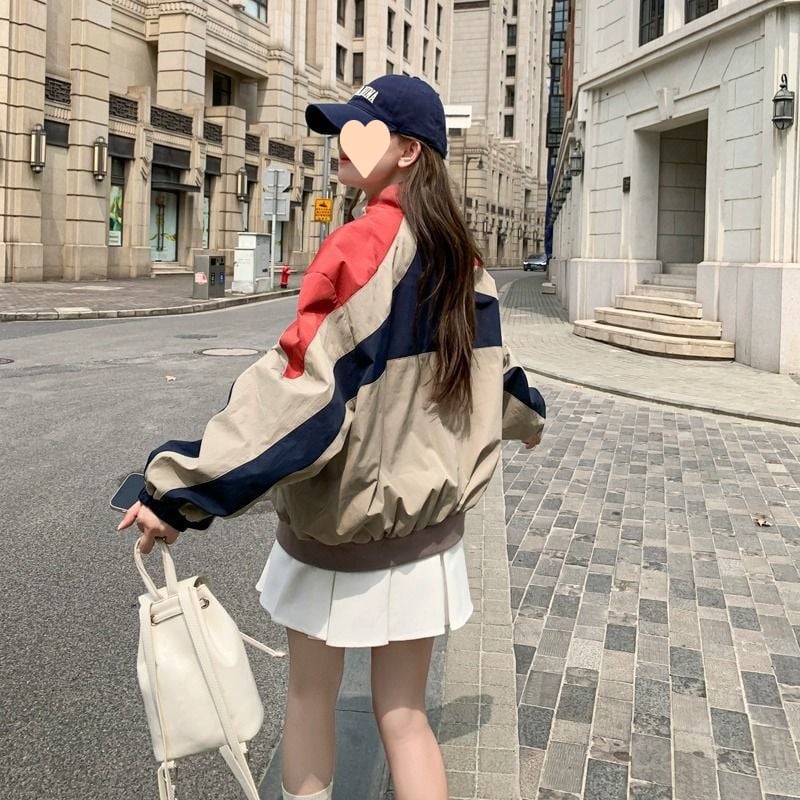 Γυναικείο μπουφάν baseball σε χρωματικό block, στυλ cardigan, άνοιξη-φθινοπωρινό 2025, μικρού ύψους