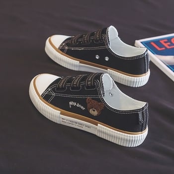Női retro kanvasz sneakers medvés mintával, alacsony szárú, elasztikus záródás, légáteresztő, koreai stílus