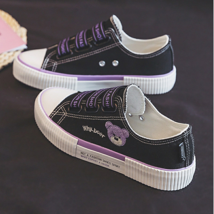 Női retro kanvasz sneakers medvés mintával, alacsony szárú, elasztikus záródás, légáteresztő, koreai stílus
