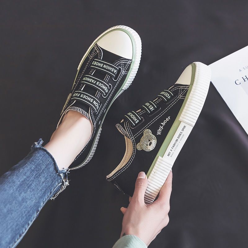 Női retro kanvasz sneakers medvés mintával, alacsony szárú, elasztikus záródás, légáteresztő, koreai stílus