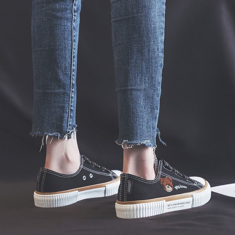 Női retro kanvasz sneakers medvés mintával, alacsony szárú, elasztikus záródás, légáteresztő, koreai stílus