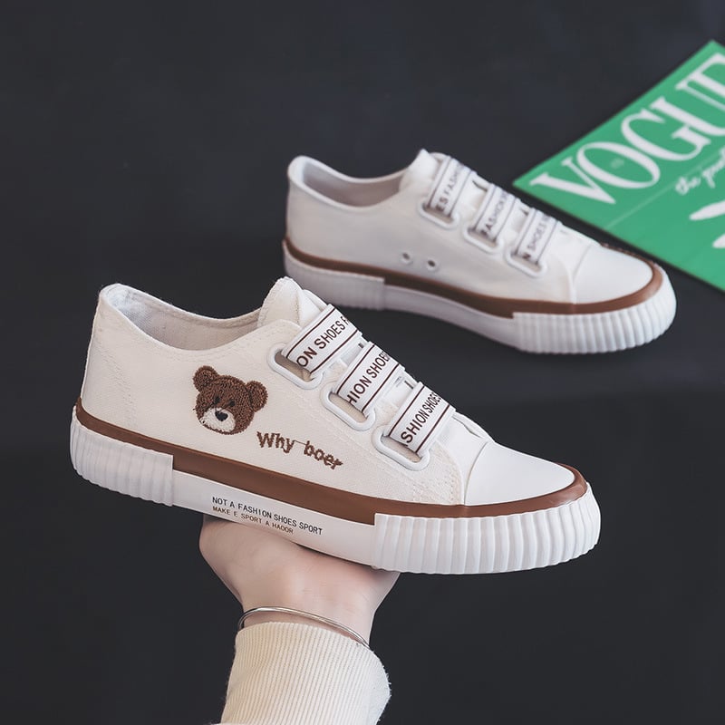 Női retro kanvasz sneakers medvés mintával, alacsony szárú, elasztikus záródás, légáteresztő, koreai stílus