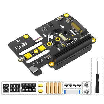 Raspberry Pi 5 PCIe‑ről M.2 NVMe SSD 2280 3‑az‑1-ben bővítőlap ventilátorral