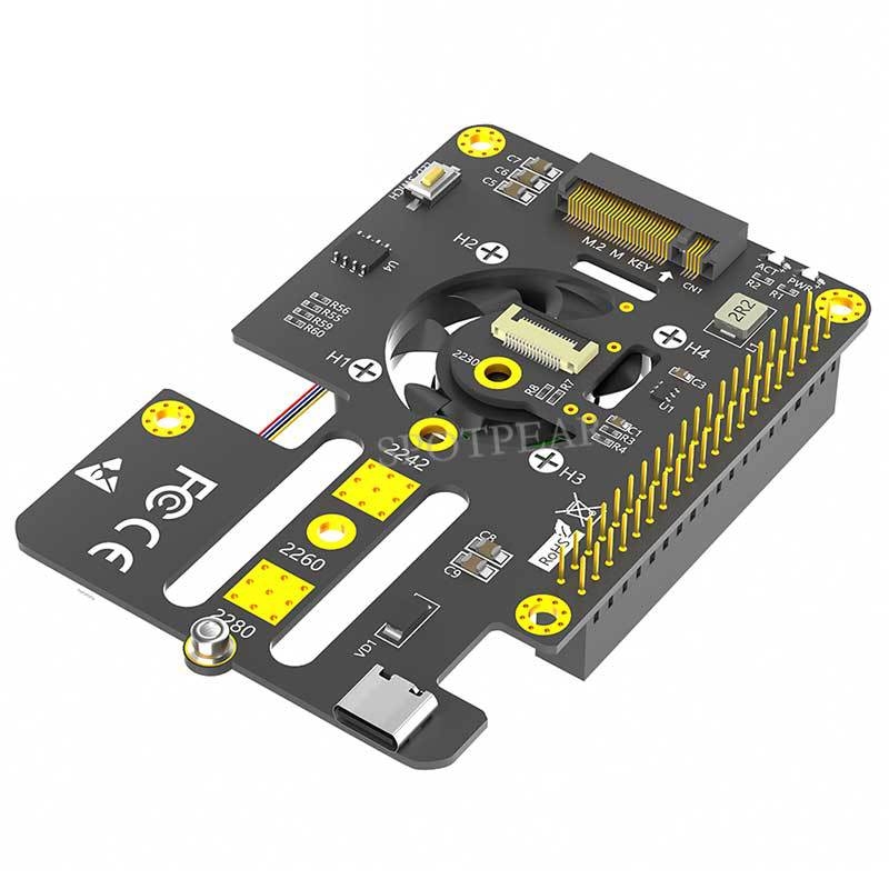 Raspberry Pi 5 PCIe‑ről M.2 NVMe SSD 2280 3‑az‑1-ben bővítőlap ventilátorral