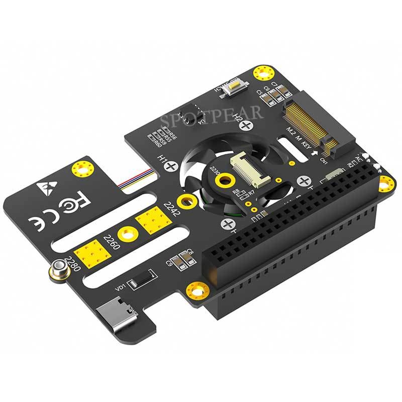 Raspberry Pi 5 PCIe‑ről M.2 NVMe SSD 2280 3‑az‑1-ben bővítőlap ventilátorral