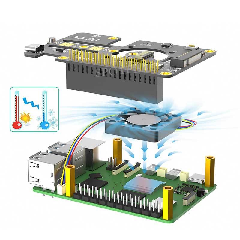 Raspberry Pi 5 PCIe‑ről M.2 NVMe SSD 2280 3‑az‑1-ben bővítőlap ventilátorral