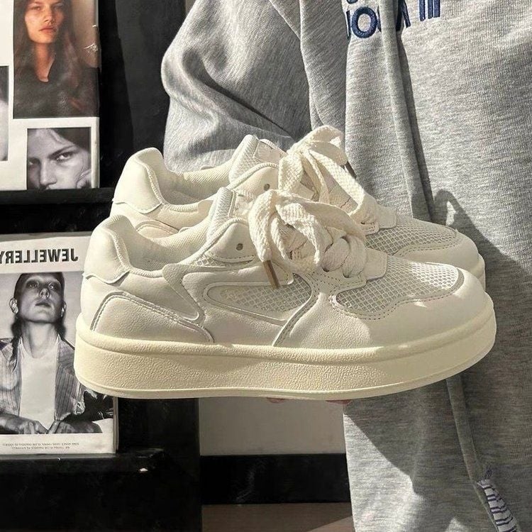 Adidași albi cu talpă groasă pentru femei, 2025 primăvară–toamnă, sneakers casual versatile
