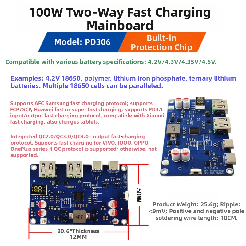 100W modul napájania s obojsmerným rýchlym nabíjaním – PCB doska DIY základná doska PD3.0/QC protokol