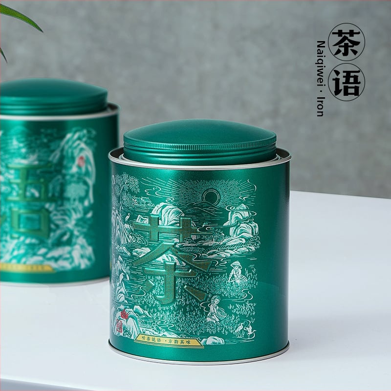Fém teás dobozok, kör alakú, domborított mintázattal, 125/250 ml kapacitás, zöld és fekete tea számára, üres doboz