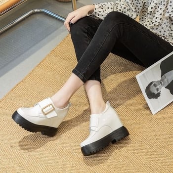 Adidași albi din piele naturală, lucioși – 2025 primăvară-toamnă, platformă casual în stil coreean, cu înălțime ascunsă