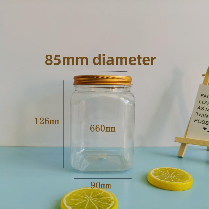 Štvorec pohár s hlinírovým vekom, priehľadný široký otvor, PET plastový kontajner na sladkosti, čaj a občerstvenie - 500 ml / 660 ml