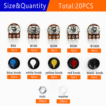 20 darab WH148 potenciométer kapcsoló, 15 mm, B5K/10K/20K/50K/100K, gombbal, dobozban