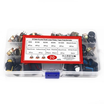 20 darab WH148 potenciométer kapcsoló, 15 mm, B5K/10K/20K/50K/100K, gombbal, dobozban