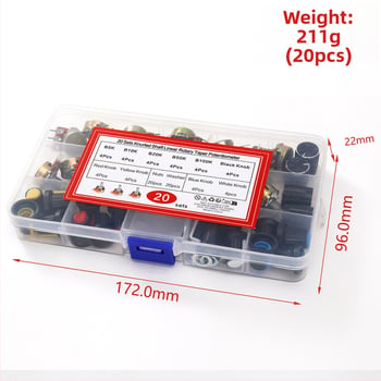 20 darab WH148 potenciométer kapcsoló, 15 mm, B5K/10K/20K/50K/100K, gombbal, dobozban