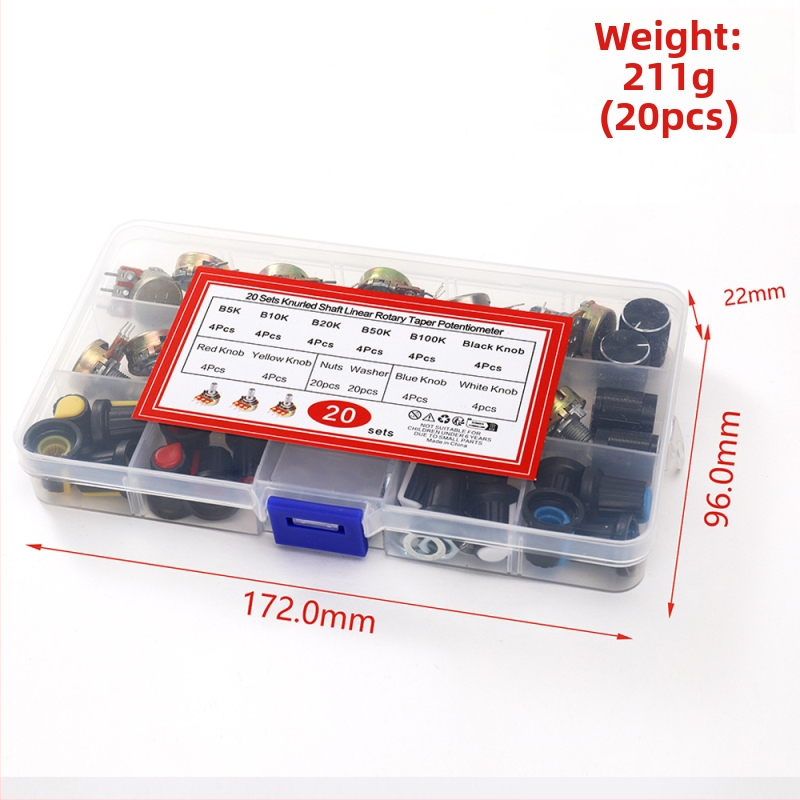 20 kusov WH148 potenciometer prepínač, 15 mm, B5K/10K/20K/50K/100K, s gombíkom, v krabici
