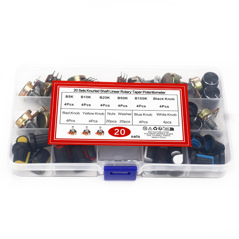 20 darab WH148 potenciométer kapcsoló, 15 mm, B5K/10K/20K/50K/100K, gombbal, dobozban