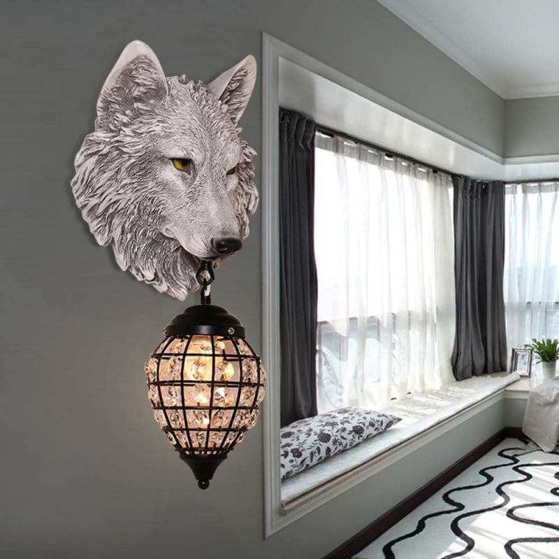 Dekorativná nástenná lampa s hlavou vlka – retro LED osvetlenie pre obývaciu izbu, schody, chodbu, balkón a spálňu.