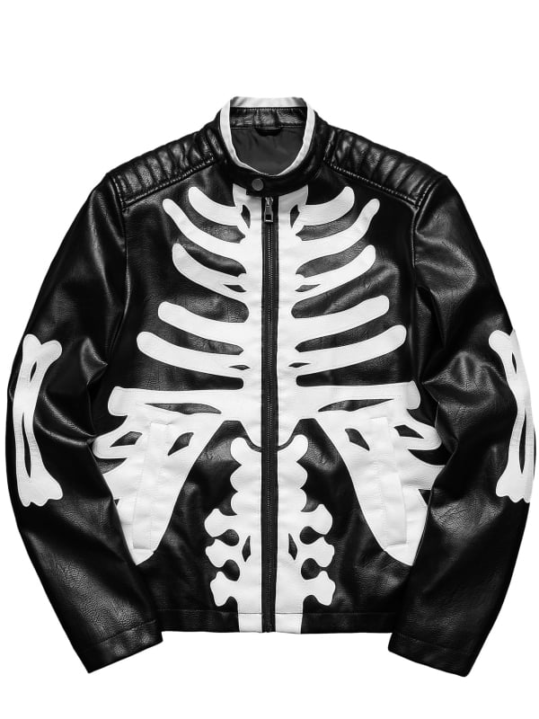 Halloween pánska PU kožená bunda s motívom kostry a ducha