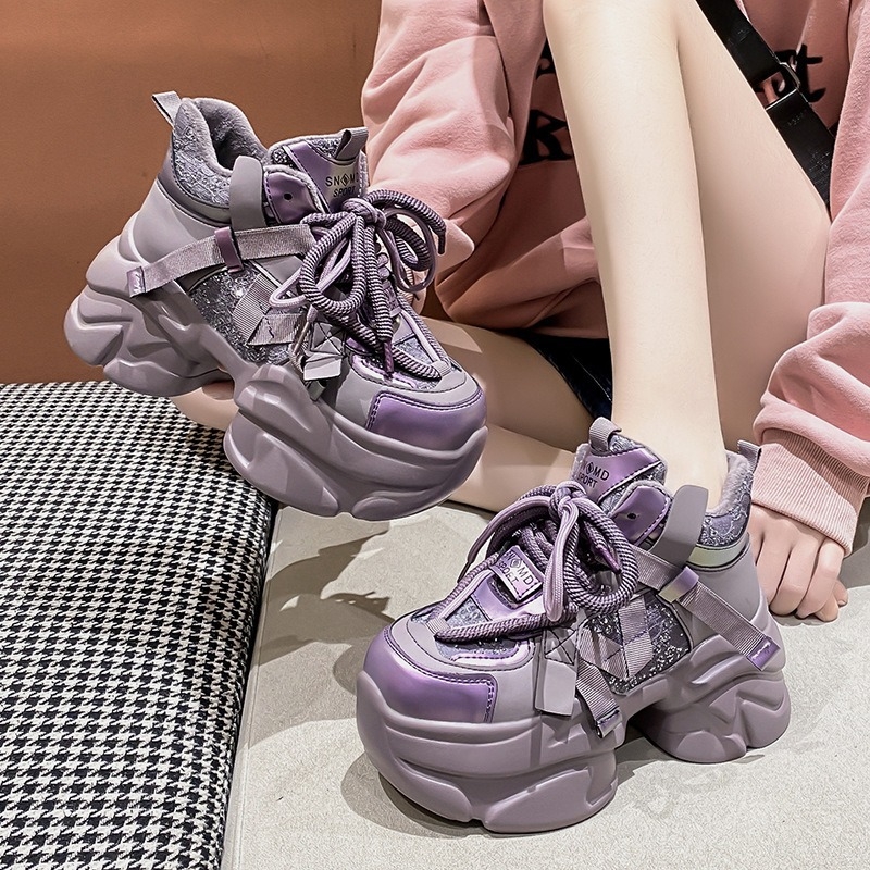 Pantofi sport damă cu căptușeală din polar și talpă PU groasă, stil dad shoes, creștere de 8 cm, pantofi sport casual
