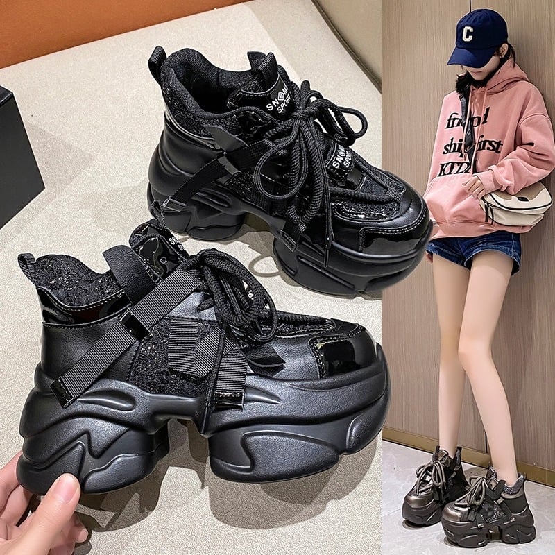 Pantofi sport damă cu căptușeală din polar și talpă PU groasă, stil dad shoes, creștere de 8 cm, pantofi sport casual