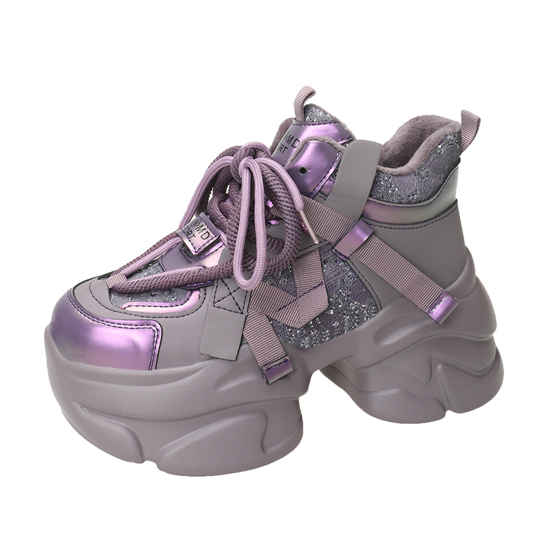 Pantofi sport damă cu căptușeală din polar și talpă PU groasă, stil dad shoes, creștere de 8 cm, pantofi sport casual