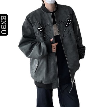 Enpu PU kožená bunda pre mužov, americký štýl Spider motocykla, voľný strih, stojatý golier, zips, bočné vrecká, jar/jesene