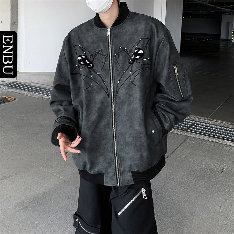 Enpu PU kožená bunda pre mužov, americký štýl Spider motocykla, voľný strih, stojatý golier, zips, bočné vrecká, jar/jesene
