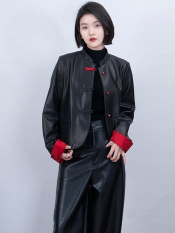 2026 jeseň nového štýlu: národný retro krátka kožená bunda z ovčej kože pre ženy, dlhé rukávy, okrúhly výstrih, jedinečný dizajn