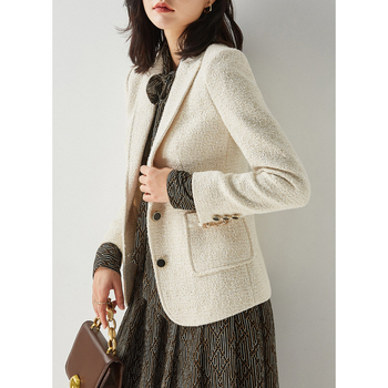 Shengdu γυναικείο tweed blazer, άνοιξη 2026, Chanel στιλ, χρυσές ίνες, γιακάς με πέτο, μονόκουμπη, τσέπες ραφτές, κοντό σακάκι