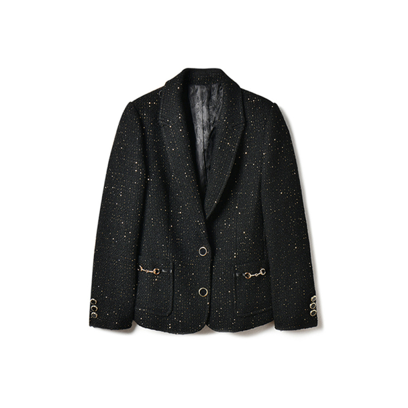 Shengdu γυναικείο tweed blazer, άνοιξη 2026, Chanel στιλ, χρυσές ίνες, γιακάς με πέτο, μονόκουμπη, τσέπες ραφτές, κοντό σακάκι