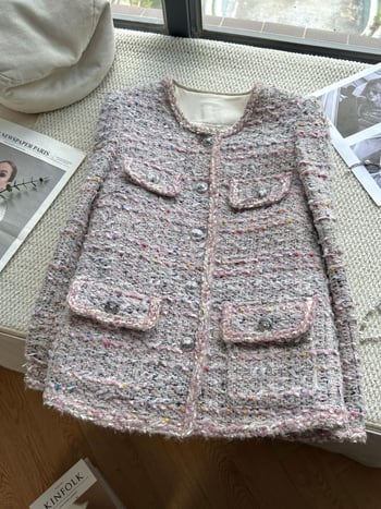 Jachetă scurtă din tweed, inspirată de Chanel, lux francez pentru doamnă, top cu guler rotund A78012